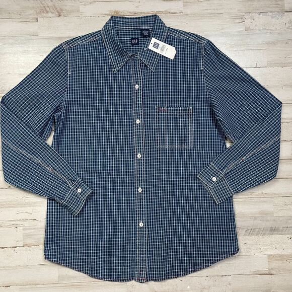 Gap Blue Plaid Denim Shirt 100% Cotton Top Long Sleeve SZ L C101852 - Picture 3 of 9